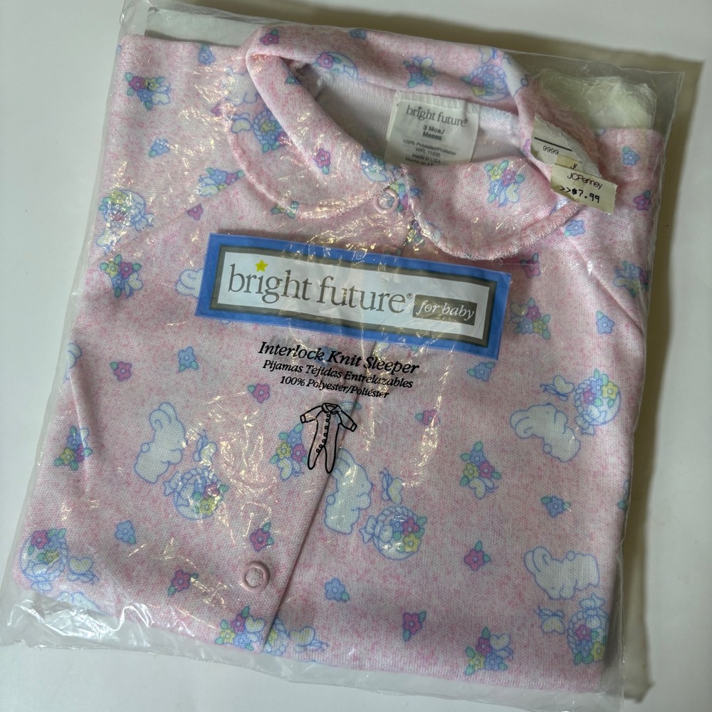 Vintage Bright Future Infant Girls 3M Pink Bunny Knit Sleeper PJs Snap Front NEW